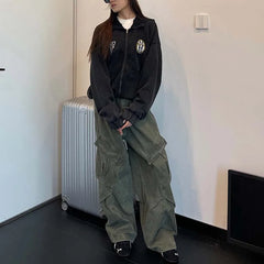 Retro American Denim Work Pants Loose Wide Leg Slimming Pleated Straight Long Pants Large Pocket