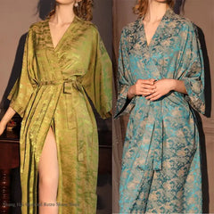 Luxury Jacquard Long Robe Nightgown Half Sleeve Kimono Bathrobe Gown Satin Ice Silk Sleepwear Home Dress Lounge Wear