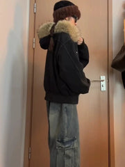2000s Black Elegant Jacket Y2k Zip Up Hooded Design Harajuku Coat Loose Casual Punk Outfits