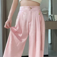 Chinese Style Jacquard Wide Leg Satin Pants
