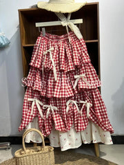 Korean Sweet Fit Chic Plaid Patchwork Skirt Vintage Bow Print Fluffy Skirts Harajuku Y2k Lovely Clothes Spring