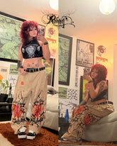 Y2K Goth Streetwear Cargo Pants Beige Wide Leg Trousers with Red Floral Graffiti Print Loose Fit Casual Punk Hip Hop Bottoms