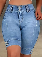 Ladies' Blue Double-Buckle Waist Slim Fit Jeans