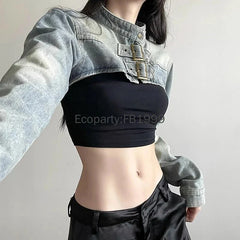 Denim Jacket Y2K Vintage Crop Tops Coat Japanese Harajuku Streetwear Outerwear