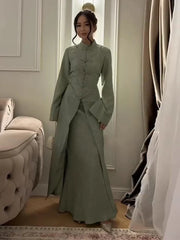 Elegant Top Skirt Sets Chinese Buckle Full Sleeve Long Coat A-line Maxi Skirts Set Lady Suits