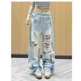 High Waist Wide Leg Denim Jeans Style High Street Hole Design Slimming Long Trousers Trendy