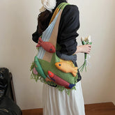 Cute Little Fish Relaxed Knitted Bag Commuter Versatile Shoulder Bag Contrasting Cut Out Tote Bag