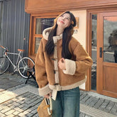Horn Button Hooded Lamb Fur Coat Clothing Coats Loose Thick Suede Brown Short Jacket