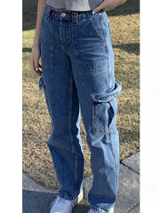 Korean Wide Leg Baggy Jeans Lady Chic Y2K Punk High Waist Cargo Denim Pants Streetwear Pockets Trashy Skater Trousers