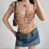 Floral Print Mesh Slim Fit Crop Top Deep Neck Short Sleeve T-Shirt Spicy Girl Top