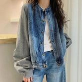 Harajuku Y2K Patchwork Denim Jacket O Neck Loose Casual Classic Coat Long Sleeve Single Breasted Rockabilly Baseball Jacke