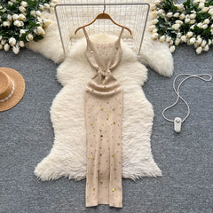Knitting Split Long Dress Sleeveless Sequins Diamonds With Sashes Skinny Sundress Dress