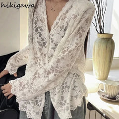 Long Sleeve Lace Blouses Clothing Blusas Mujer De Moda Hollow Out Tops See Through White Shirts