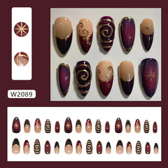 24pcs Golden Lines Patterns False Nails Dark Purple Blush French Fake Nails