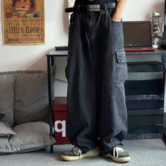 Baggy Jeans Oversize Cargo Korean Black Wide Pants Streetwear Hip Hop Harajuku Male Straight Denim Pants