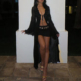 Abrini Black Sheer Mesh Beach Dress Lace-Up Cardigan Maxi Dress Long Sleeve Elegant Holiday Party Dress