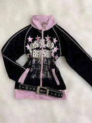 Retro Y2K American Spice Girl Coat Leopard Print Powder Black Contrast Stitching Skull Letter printed Hooded Sweater