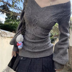 Vintage V-neck Knitted Tops Early Sweaters Pullover Slim Long Sleeve Pullovers Gray Sweaters