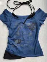 Vintage Fake Two Piece Halter Lace Up T-shirts Y2k Slim Fit Print Tops Off Shoulder Short Sleeve Tee Shirt