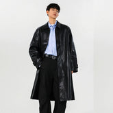 Mens PU Trench Coat Windproof Long Outerwear Jacketable Trendy Leather Coat