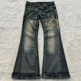 Street Harajuku Heavy Industries Retro Pattern Embroidery Blue Washed Jeans Personalized Casual Splicing Flare Pants