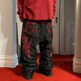High Street gothique brodé hommes noir rouge motif Y2K taille haute jean américain rétro rue Couple pantalons décontractés