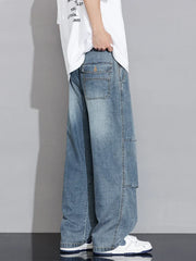 Cargo Jeans Wide Leg Denim Pants Straight Baggy Jeans Asian Size L-5XL