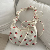 Small Underarm Bag Corduroy Handbag Cute Strawberry Print Little Tote Half Moon Design Eco Cloth Purse Mini Shoulder Bags