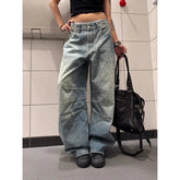 Korean Vintage Y2K 2000s Blue Washed Jeans Loose High Waisted Straight Leg Pants Clothing