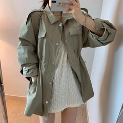 Korean Chic Vintage Lapel Zipper Style Windbreaker Polyester Fiber Full Sleeve Versatile Slimming Pleated Waist