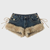 Retro Design Fluffy Splicing Jeans Shorts Y2k Low-rise Strap Slim Pants
