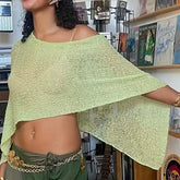 Combhasaki Knitwear Bikini Cover-up See-through Solid Off Shoulder Irregular Triangle Hem Loose Pullover Beach Tops