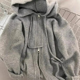 Gray Hooded Sweater Coat Double Zipper Long Sleeve Loose Korean Soft Thickened Knitted Tops Coats