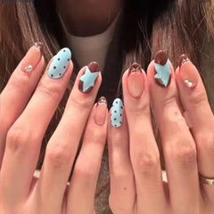 10pcs Handmade French Short Press On Nails Blue Brown Polka Dot Bow Star Design Fake Nail Wearable Nail Art Tips