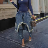 Jeans Harem Pants Hip Hop Punk Denim Pant Hole Elastic Waist Washed Distressed Pockets Streetwear Ripped Trousers