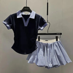 Constrast Color Plaid Turn Down Collar Slim Waist T Shirts All Match Korean High Street Loose Shorts Y2k 2 Piece Sets