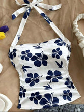 Ladies Beach Style Knitted Floral Print Halter Top Slim Fit Pleated Waist Youthful Vacation Top