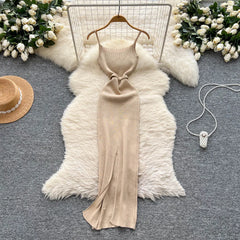 Knitting Split Long Dress Sleeveless Sequins Diamonds With Sashes Skinny Sundress Dress