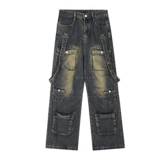Washed Vintage American Street Style Jeans Loose Straight Leg High Street Vibe Long Trousers