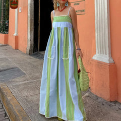 Combhasaki Striped Adjustable Thin Spaghetti Straps Ric-Rac Trim Flowy Beachwear A-line Slip Cami Pocket Long Dress