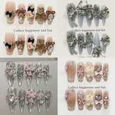 Sweet Lovely Cartoon Bear Long Coffin Stiletto Fake Nails Bowknot Pearl Diamond Flowers Cat Eyes Wearable Fake Nails