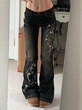 Weekeep Floral Embroidery Jeans Vintage 2000s Low Rise Flared Jeans Retro y2k Baggy Denim Pants High Street Basic Trousers