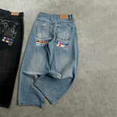 Y2K Washed Loose Jeans Vintage World Map Embroidery Multi Country Flag Patch Wide Leg Jeans Casual Streetwear