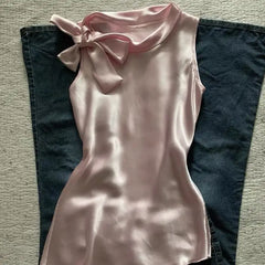 High End French Temperament O Neck Sleeveless Korean Tank Tops Elegant Bow Appliques Design Camioles Y2k Lrregular Simple Tops