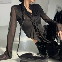 Long Flare Sleeve Sweet Girls Korean Blouses