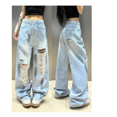 High Waist Wide Leg Denim Jeans Style High Street Hole Design Slimming Long Trousers Trendy