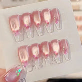 10pcs Aurora Cat Eye Handmade Press on Nails Pink Cherry Blossom False Nails Crystal Flower Pearl Fake Nails French Coffin Nail