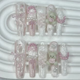 10PCS Cute Pink Blue Lolita French Lace Handmade Press On Nails 3D Teddy Bear Bow Pearl Fake Nails Sweet Elegant Long Nail Art