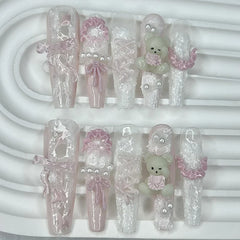 10PCS Cute Pink Blue Lolita French Lace Handmade Press On Nails 3D Teddy Bear Bow Pearl Fake Nails Sweet Elegant Long Nail Art
