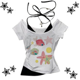 Y2k cute pattern Vintage Basic Tees Ladies Clothes Retro Graphic Top White Short Sleeve Casual T Shirt